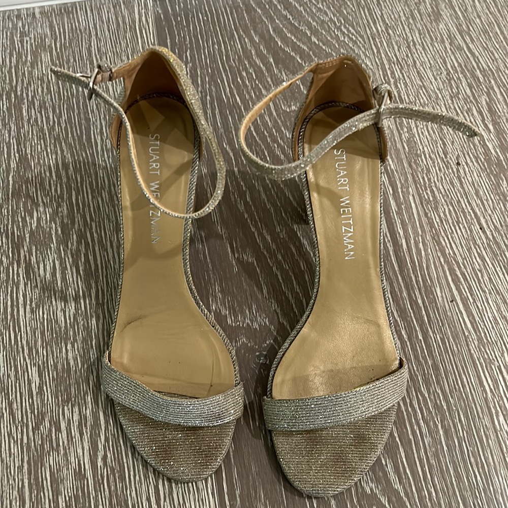 Sparkly silver stuart weitzman sandals with ankle strap